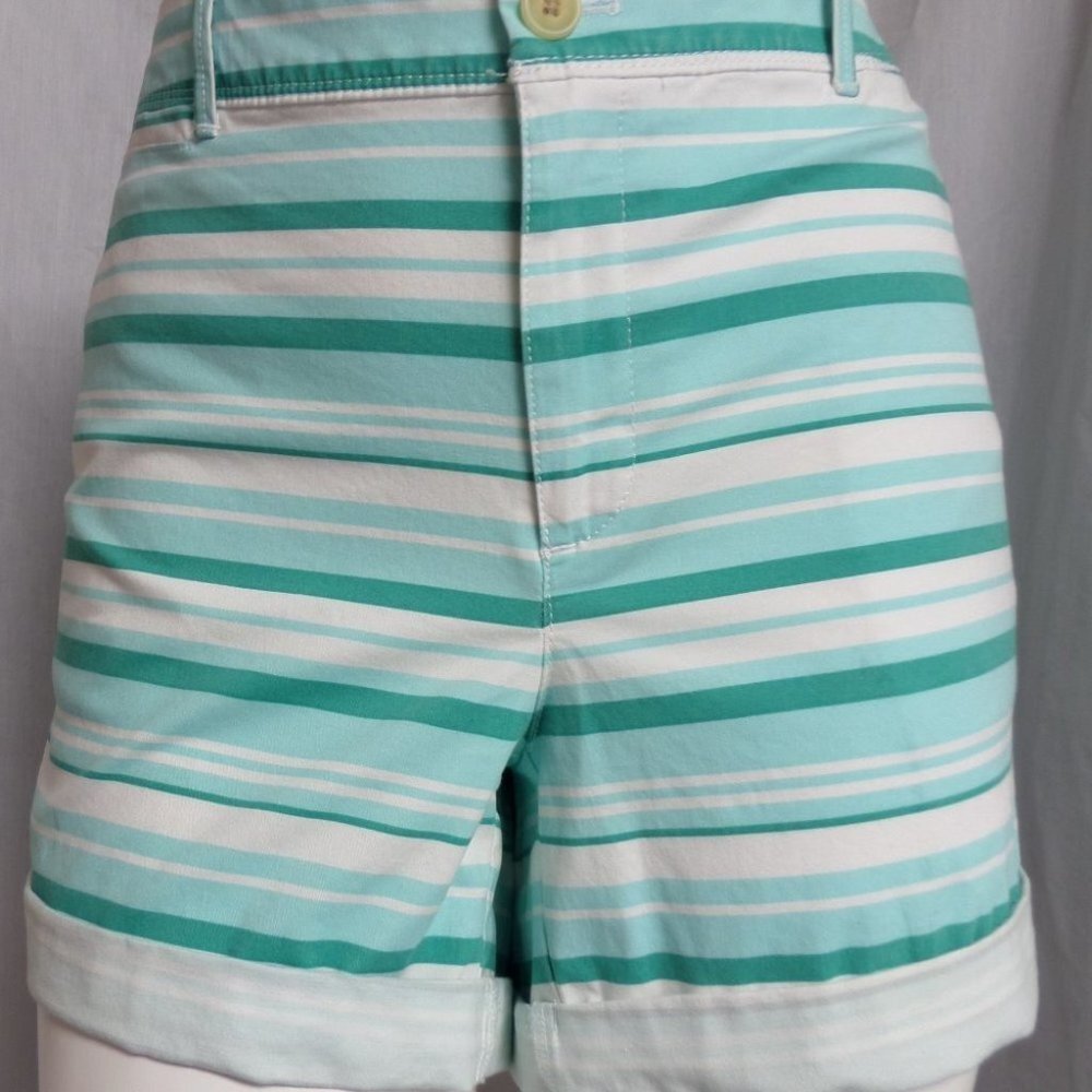 "BANANA REPUBLIC" TURQUOISE STRIPED WALKING ROLLED LEGS SHORTS SIZE: 14 NWT - Picture 1 of 3
